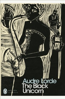 Cover of 'The Black Unicorn' by Audre Lorde featuring a black and white linocut print.