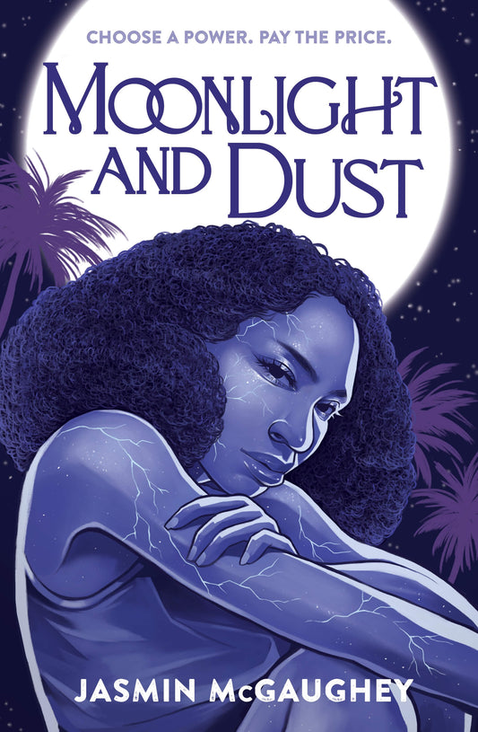 Cover of the book 'Moonlight and Dust' featuring an illustration of a young woman with curly hair, in a blue tone, with a background that includes a full moon and palm trees.