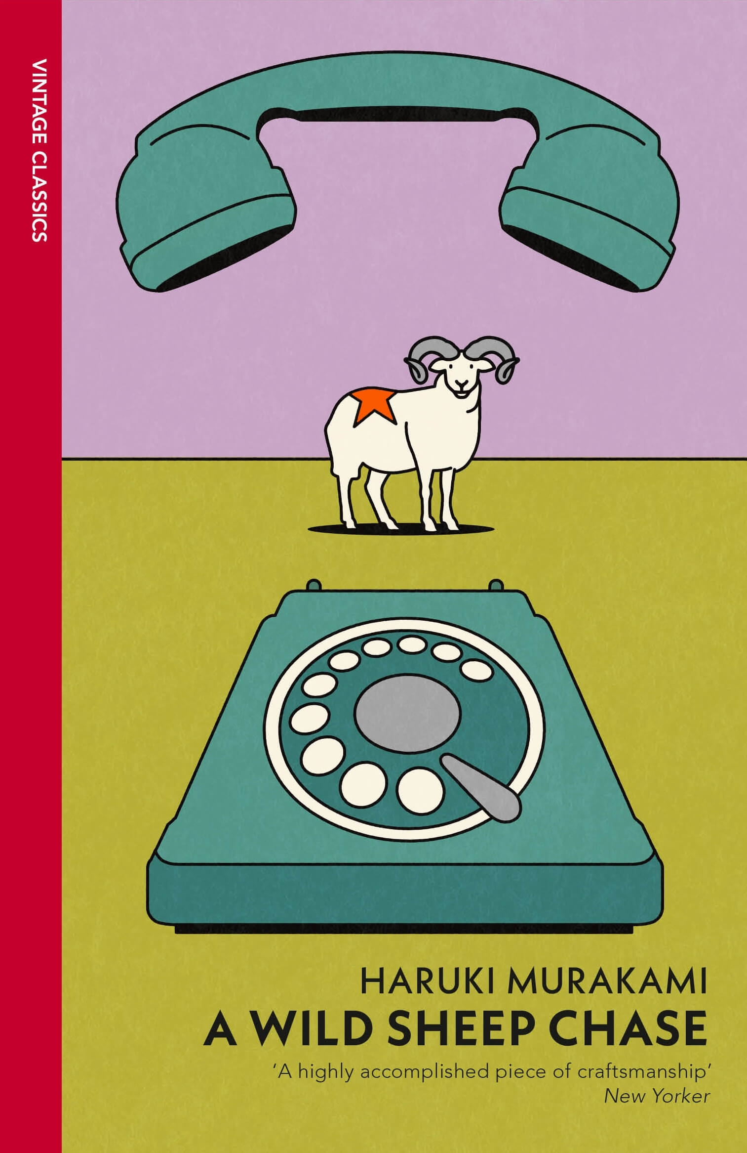Book cover of 'A Wild Sheep Chase' by Haruki Murakami with a stylised illustration of a sheep and telephone.