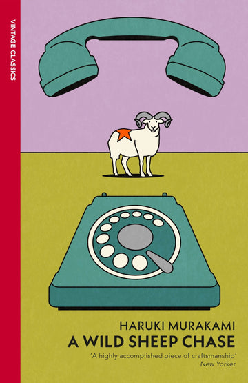 Book cover of 'A Wild Sheep Chase' by Haruki Murakami with a stylised illustration of a sheep and telephone.