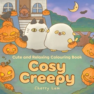 Cover of 'Cosy Creepy' colouring book by Cherry Lam with cartoon animals, pumpkins, and Jack o lanterns.