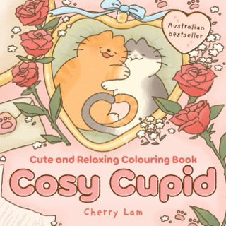Cover of 'Cosy Cupid' colouring book by Cherry Lam with two cats and roses on a pink background