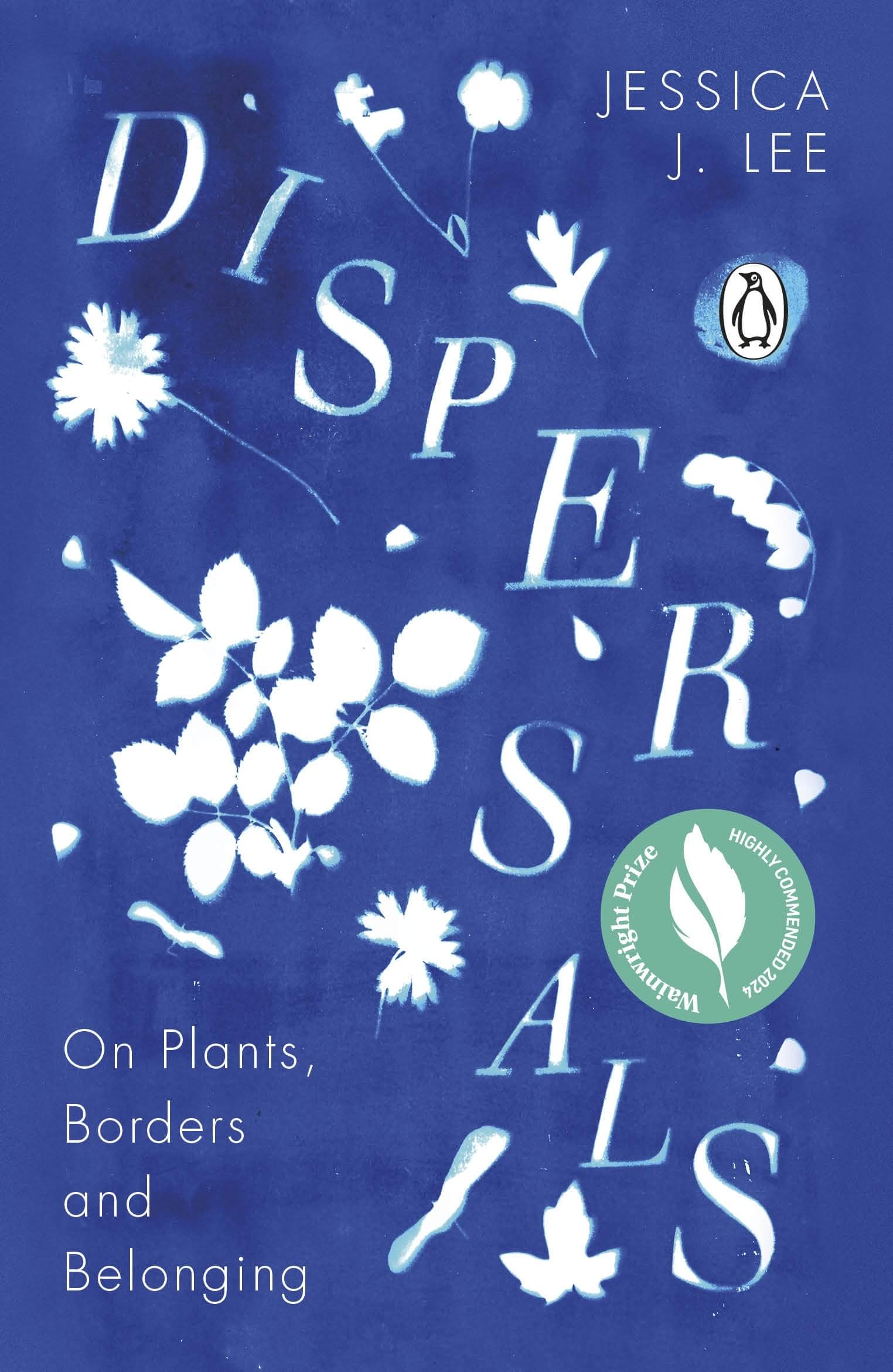 Book cover of 'Dispersals' by Jessica J. Lee with white floral illustrations on a blue background.