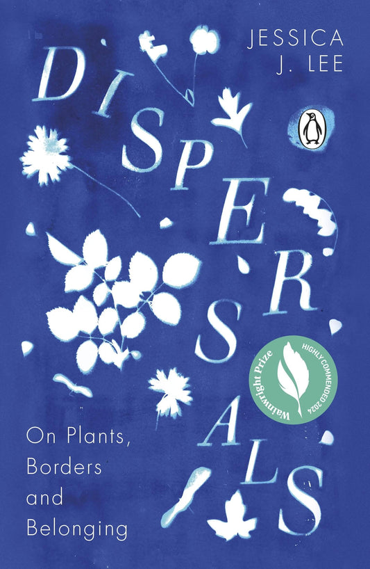 Book cover of 'Dispersals' by Jessica J. Lee with white floral illustrations on a blue background.