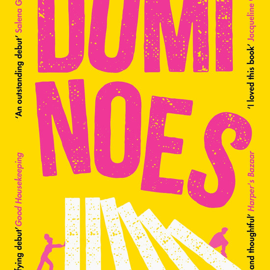 Book cover of 'Dominos' by Phoebe McIntosh with pink text on a yellow background