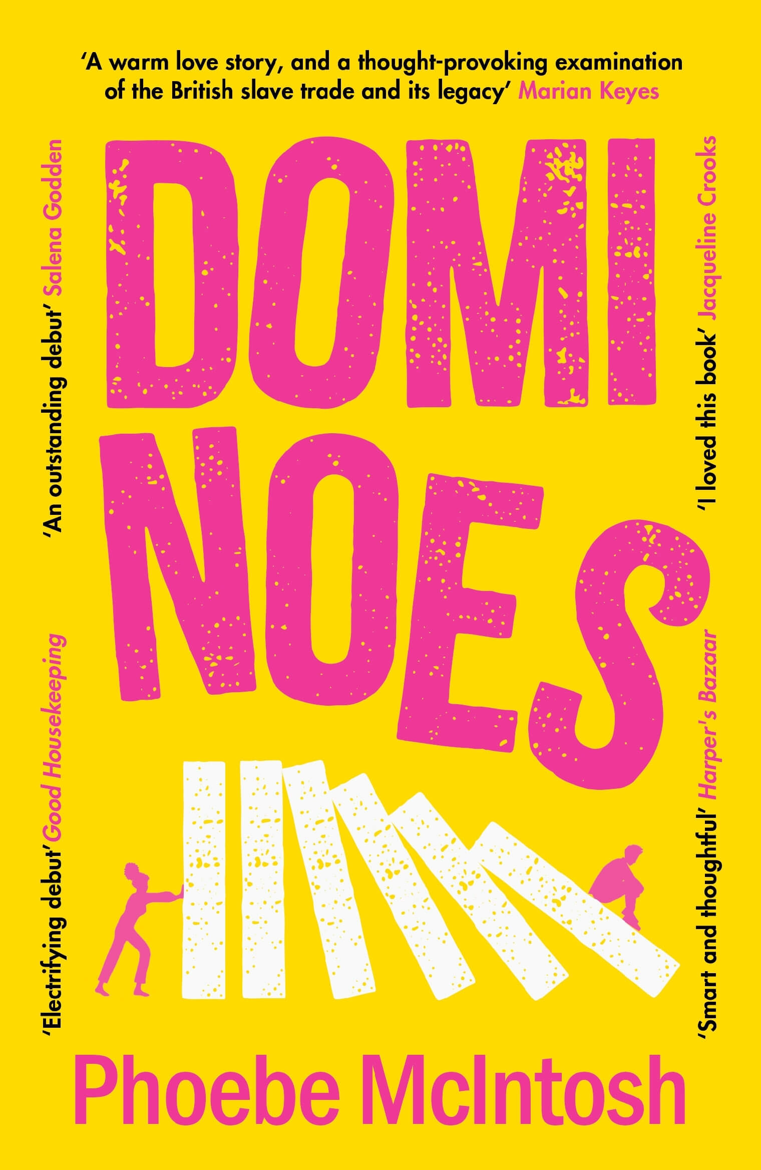 Book cover of 'Dominos' by Phoebe McIntosh with pink text on a yellow background