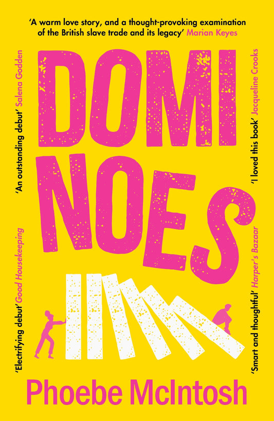 Book cover of 'Dominos' by Phoebe McIntosh with pink text on a yellow background