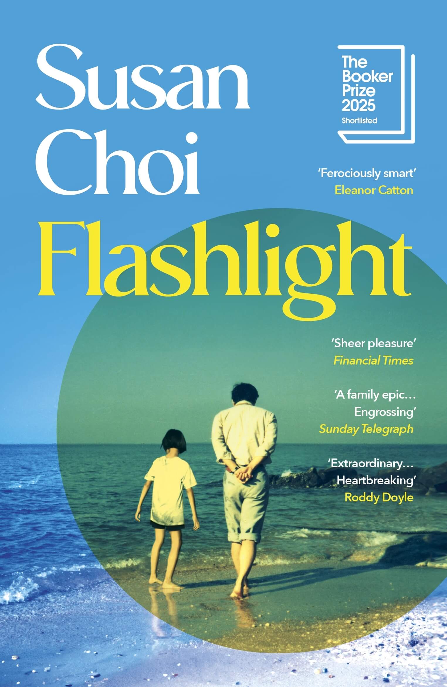 Book cover of 'Flashlight' by Susan Choi with a blue and green color scheme and an image of two people on a beach.