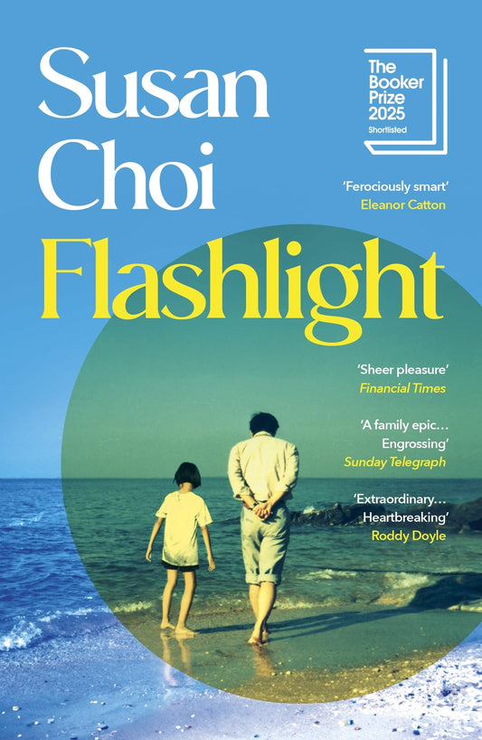 Book cover of 'Flashlight' by Susan Choi with a blue and green color scheme and an image of two people on a beach.
