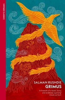 Book cover of 'Grimus' by Salman Rushdie with a stylized illustration of a bird and mountain.