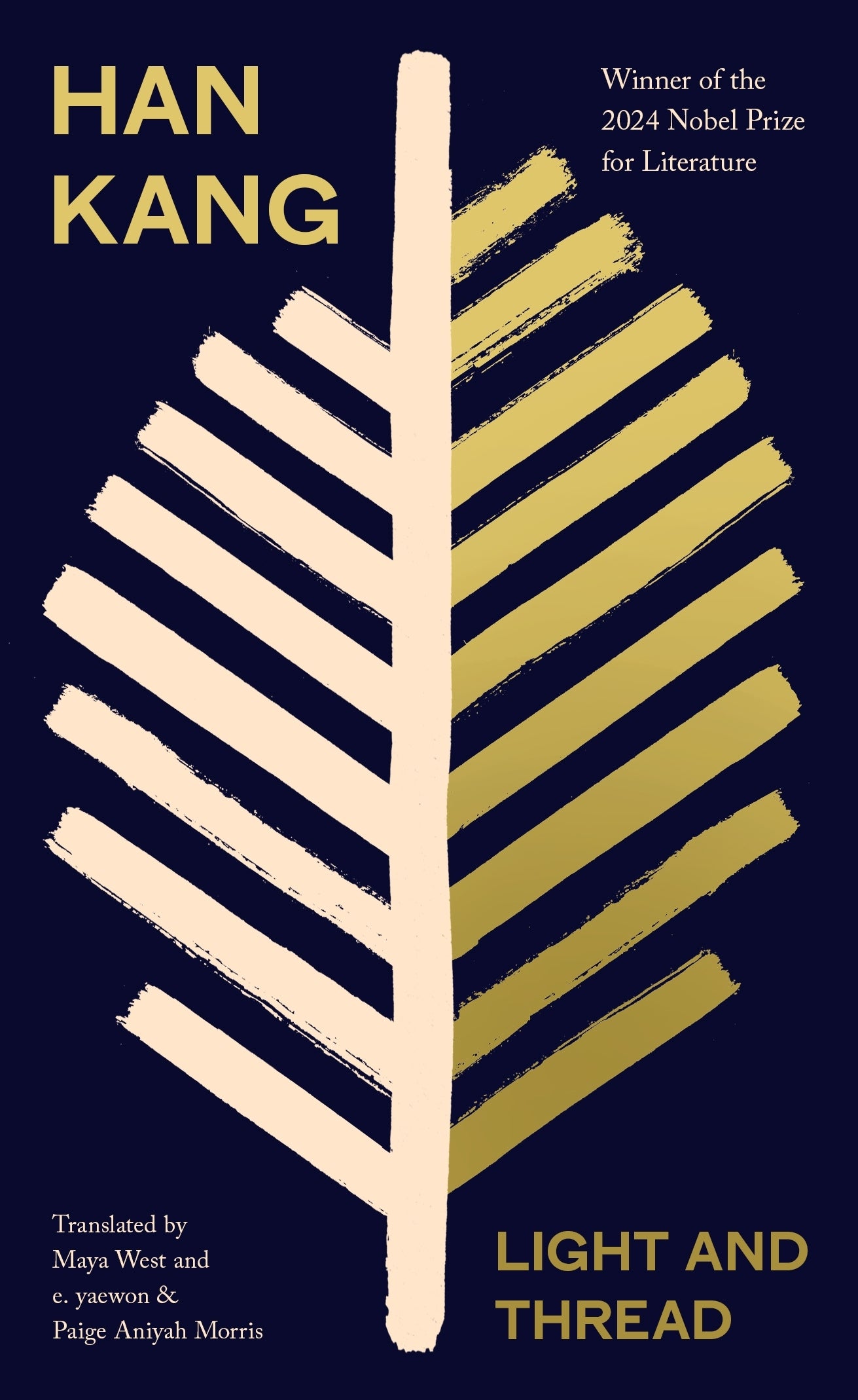 Book cover of 'Light and Thread' by Han Kang with a stylized leaf design on a dark blue background.