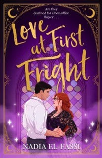 Book cover of 'Love at First Fright' by Nadia El-Fassi with a couple embracing against a purple background.