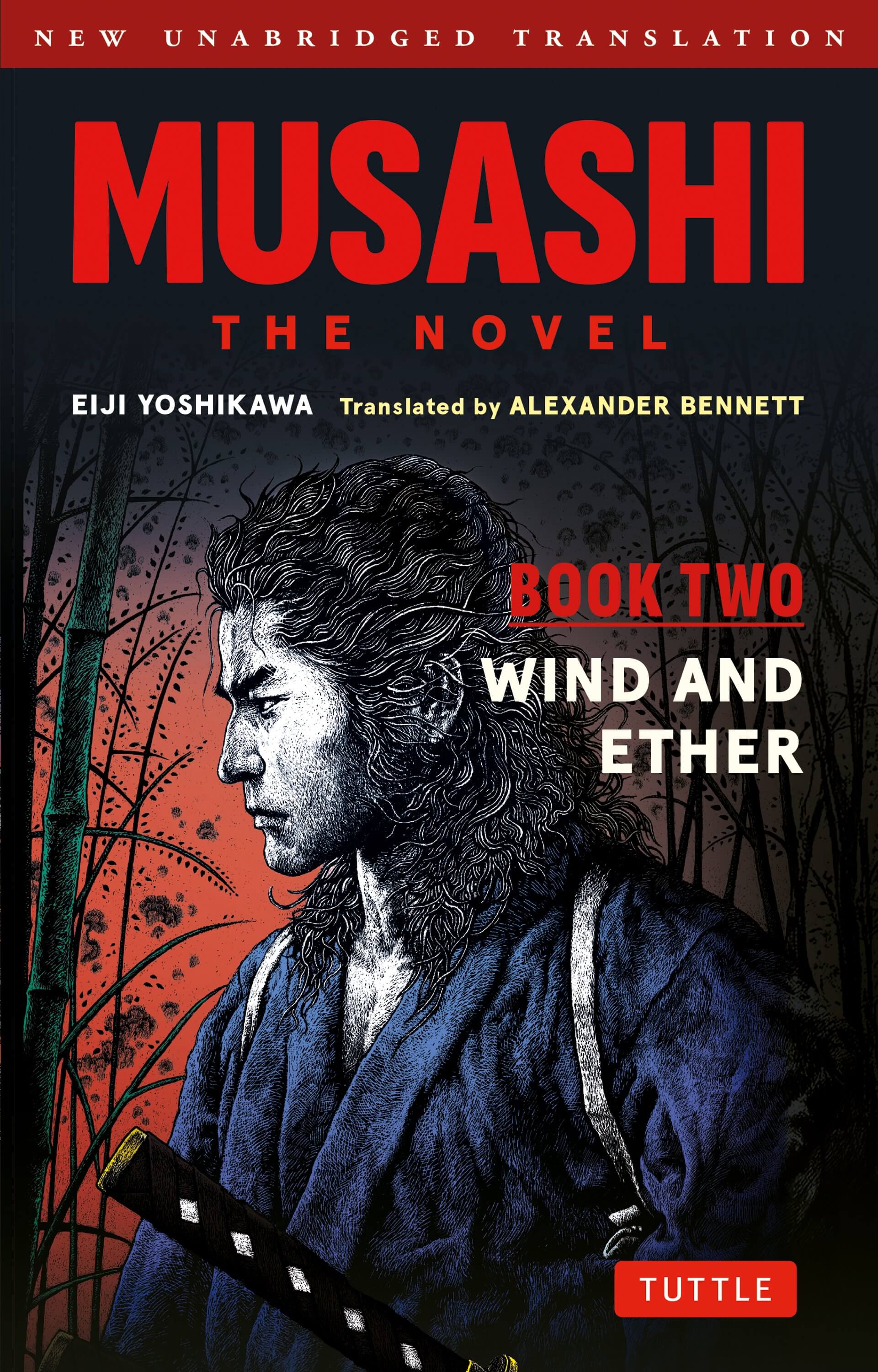 Book cover of 'Musashi: The Novel, Book Two - Wind and Ether' with a samurai illustration and red text.