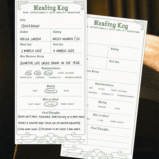 Two slips of the Amplify Reading Log on an ambient photo background. One of the slips is used, the other is blank.