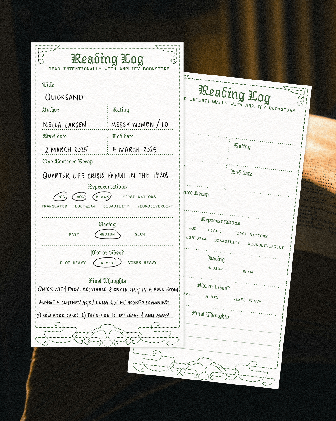 Two slips of the Amplify Reading Log on an ambient photo background. One of the slips is used, the other is blank.
