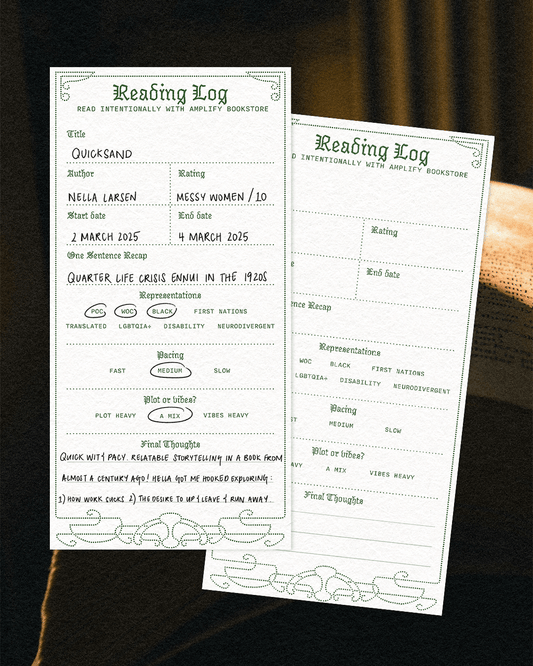 Two slips of the Amplify Reading Log on an ambient photo background. One of the slips is used, the other is blank.