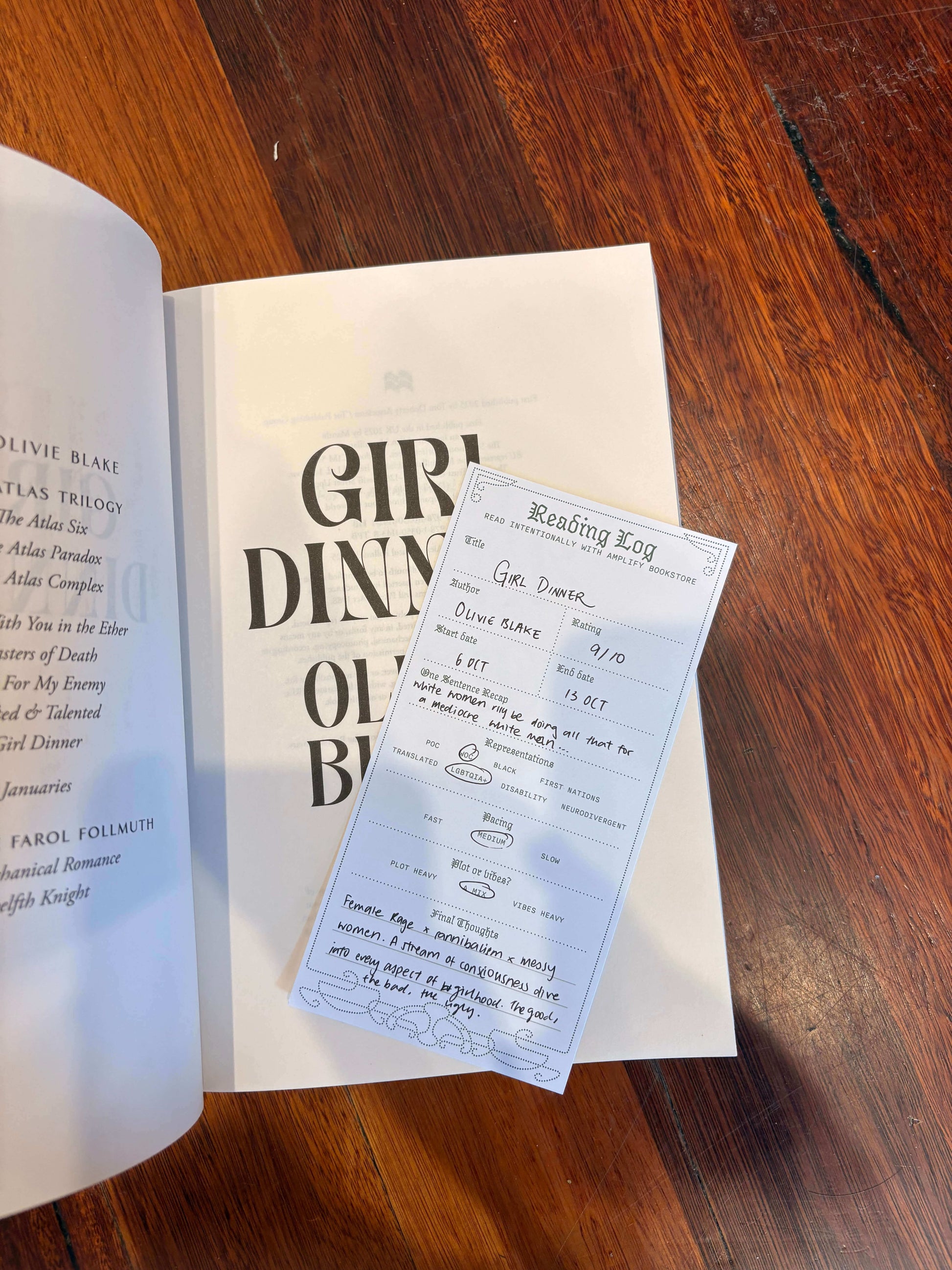 Open book with the page of an Amplify Bookstore Reading Log.
