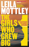 Book cover of 'The Girls Who Grew Big' by Leila Mottley with a silhouette of a pregnant person against an ocean sunset.
