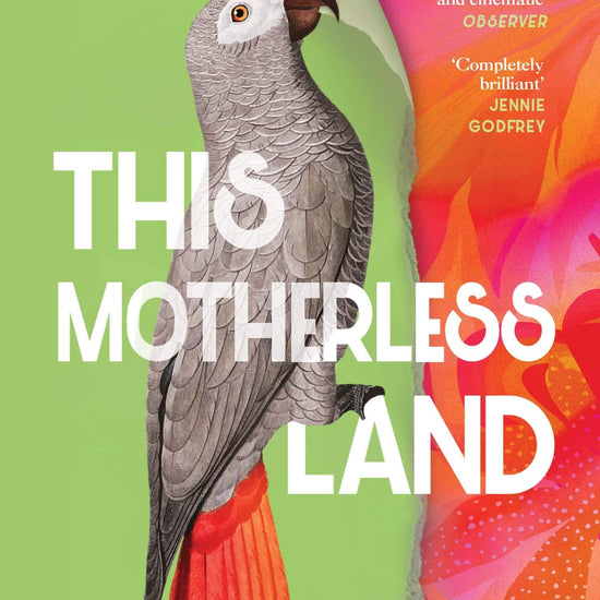 Book cover of 'This Motherless Land' featuring an image of a grey parrot with red tail feathers against a vibrant green and pink background.