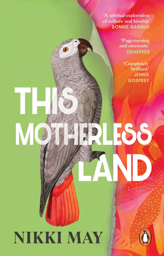 Book cover of 'This Motherless Land' featuring an image of a grey parrot with red tail feathers against a vibrant green and pink background.
