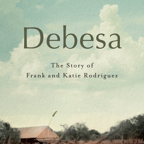 Cover of the book 'Debesa' by Cindy Solonec featuring a rural scene with a house and trees in the background and a clear sky above.