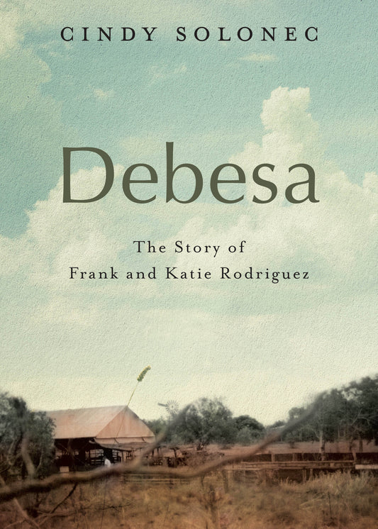 Cover of the book 'Debesa' by Cindy Solonec featuring a rural scene with a house and trees in the background and a clear sky above.