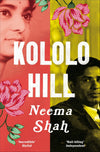 Book cover for 'Kololo Hill' by Neema Shah. It features a split design with one half showing the face of a woman and the other half showing a man's face, alongside floral patterns and the title.