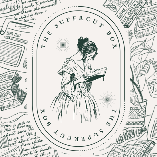 Illustrated cover of 'The Supercut Box' book box, featuring a drawing of a woman reading a book, surrounded by various books and decorative elements.