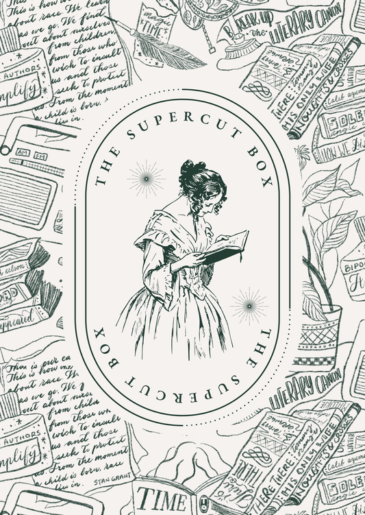 Illustrated cover of 'The Supercut Box' book box, featuring a drawing of a woman reading a book, surrounded by various books and decorative elements.