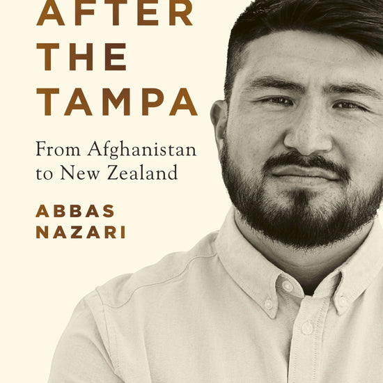 Cover of the book 'After the Tampa' featuring the author, Abbas Nazari, a man with short hair and a beard, smiling.