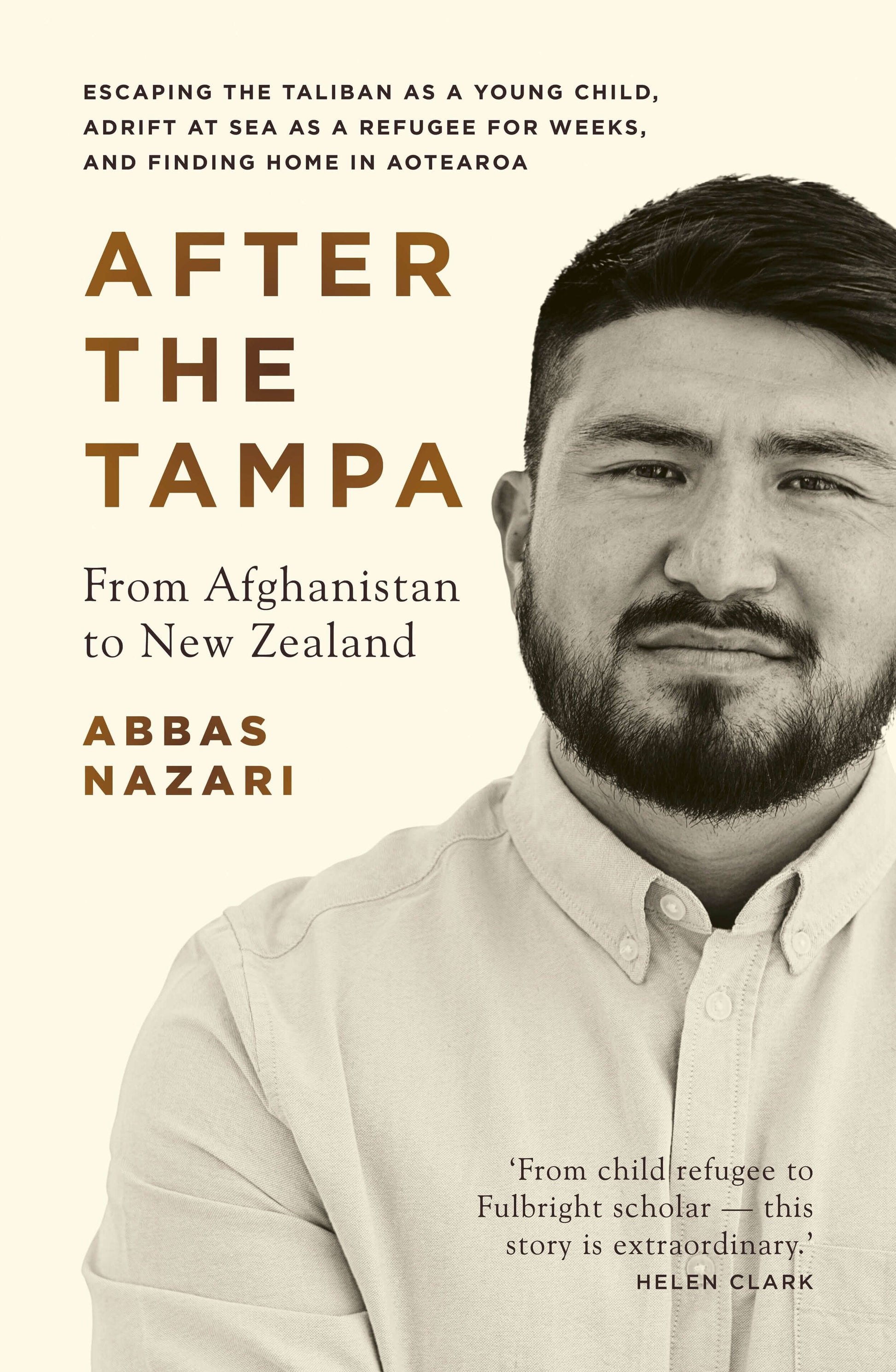 Cover of the book 'After the Tampa' featuring the author, Abbas Nazari, a man with short hair and a beard, smiling.