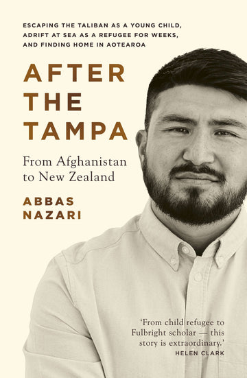 Cover of the book 'After the Tampa' featuring the author, Abbas Nazari, a man with short hair and a beard, smiling.
