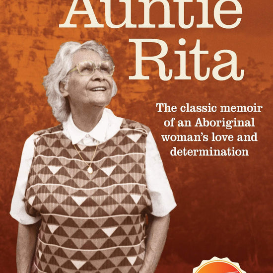 Cover of the book 'Auntie Rita' featuring an older woman with short hair, smiling, wearing a patterned top, against a warm-toned background.