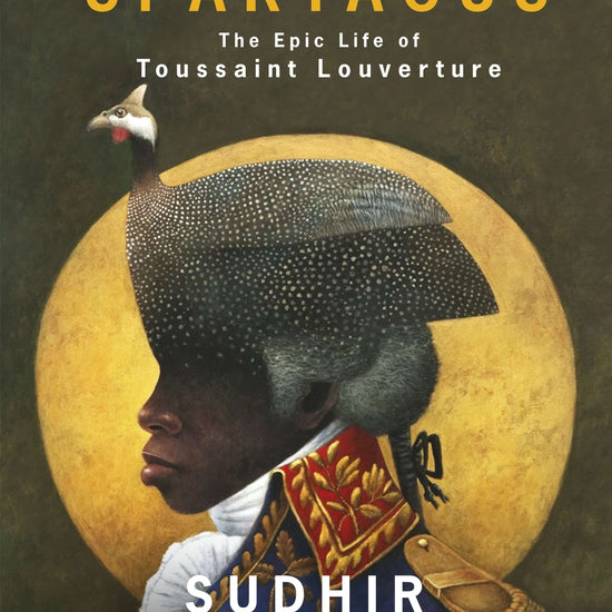 Book cover of 'Black Spartacus' featuring a portrait of Toussaint Louverture with a decorative background.