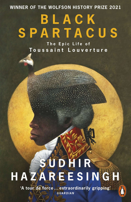 Book cover of 'Black Spartacus' featuring a portrait of Toussaint Louverture with a decorative background.