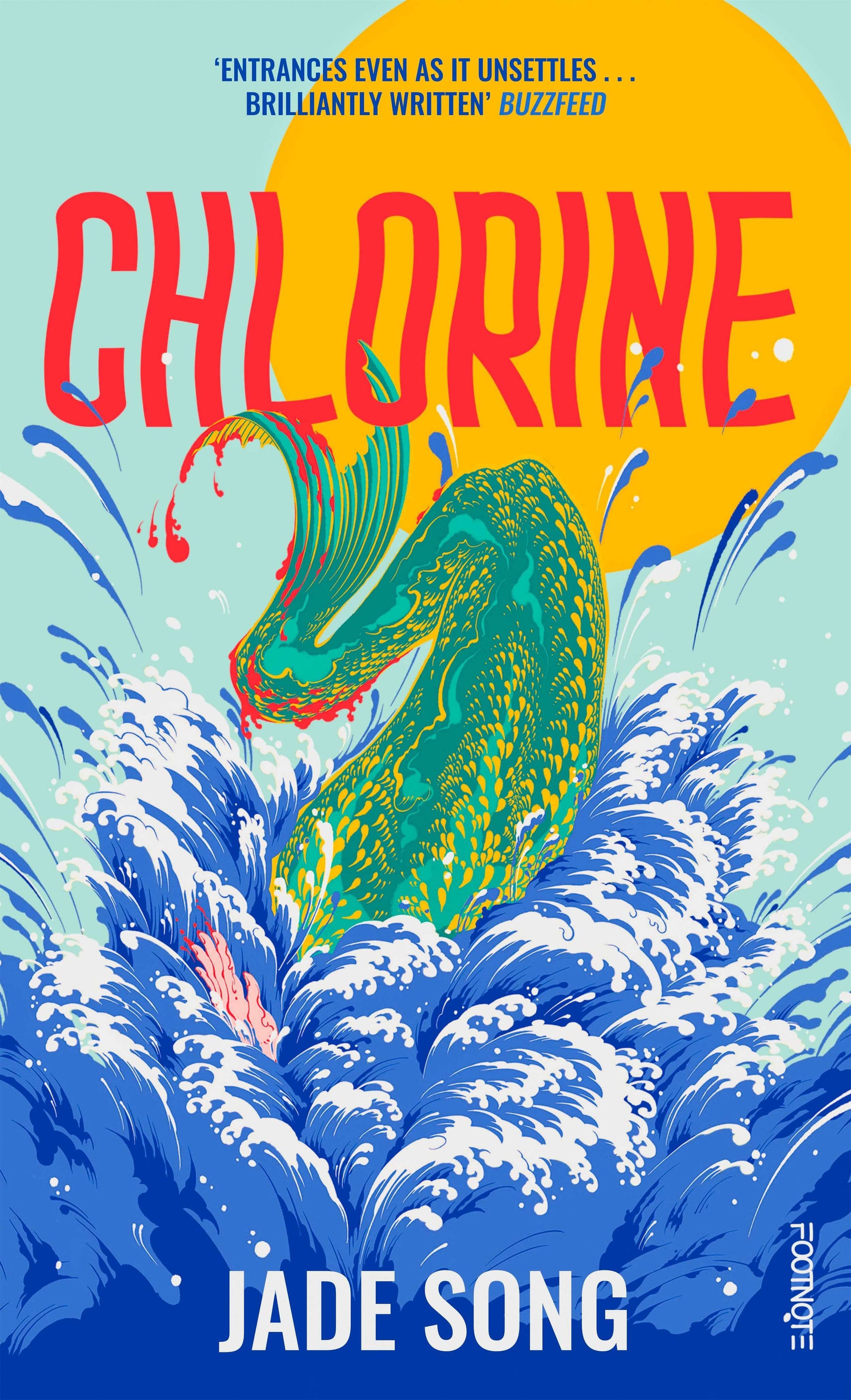 Book cover of 'Chlorine' featuring a graphic design with a mermaid figure in a splash of water, predominantly in blue and yellow tones, with the author's name 'Jade Song' at the bottom.