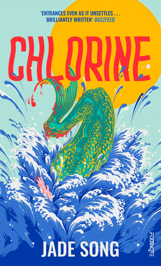 Book cover of 'Chlorine' featuring a graphic design with a mermaid figure in a splash of water, predominantly in blue and yellow tones, with the author's name 'Jade Song' at the bottom.