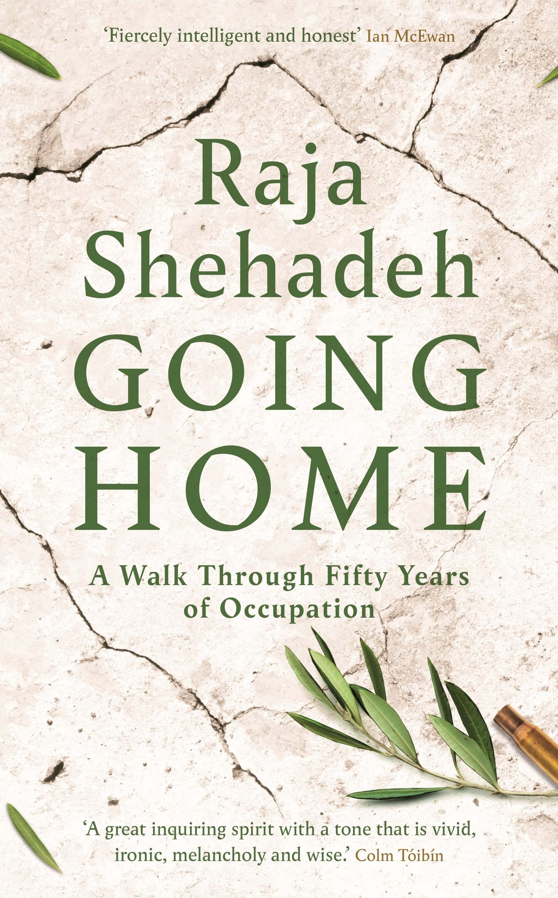 The cover of the book 'Going Home' by Raja Shehadeh features a cracked stone texture with greenery and a subtle design