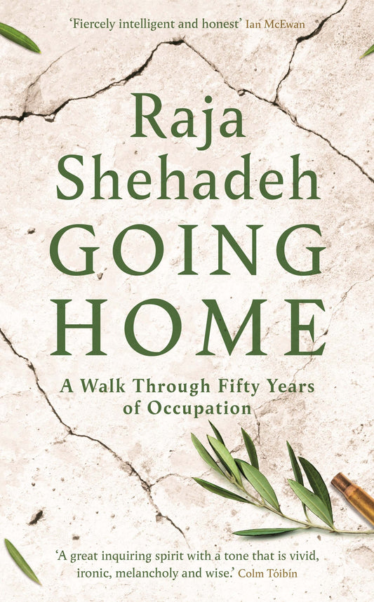 The cover of the book 'Going Home' by Raja Shehadeh features a cracked stone texture with greenery and a subtle design
