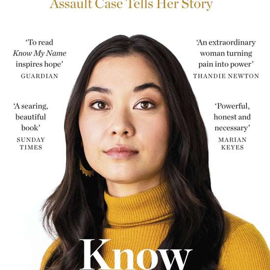 This image features the cover of the book "Know My Name" by Chanel Miller. The cover displays a portrait of Chanel Miller, set against a simple, solid background in a natural pose, wearing a yellow sweater.