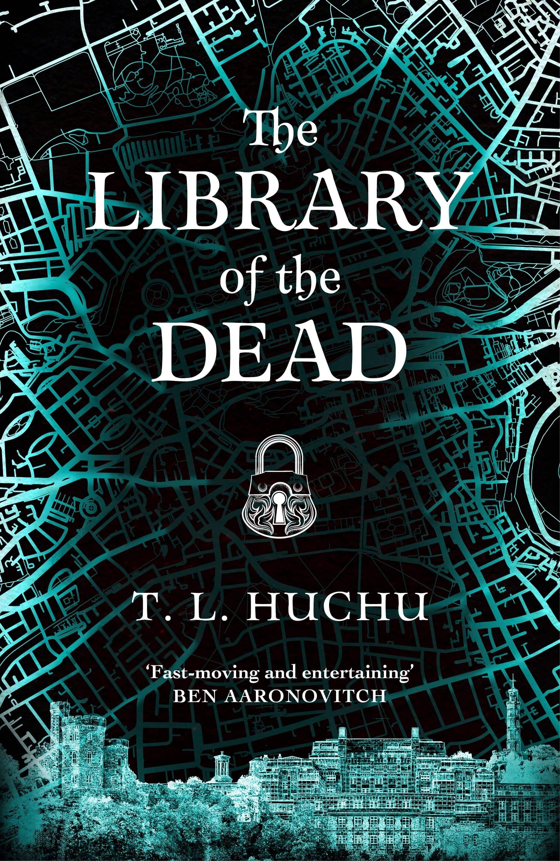 The cover of 'The Library of the Dead' by T. L. Huchu. It features a dark map of Edinburgh.