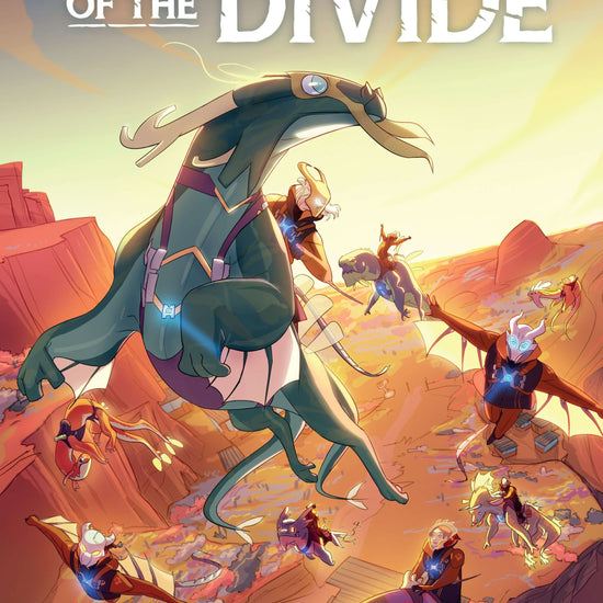 Cover of the graphic novel 'Rangers of the Divide' featuring illustrated characters and dragons against a desert-like backdrop.