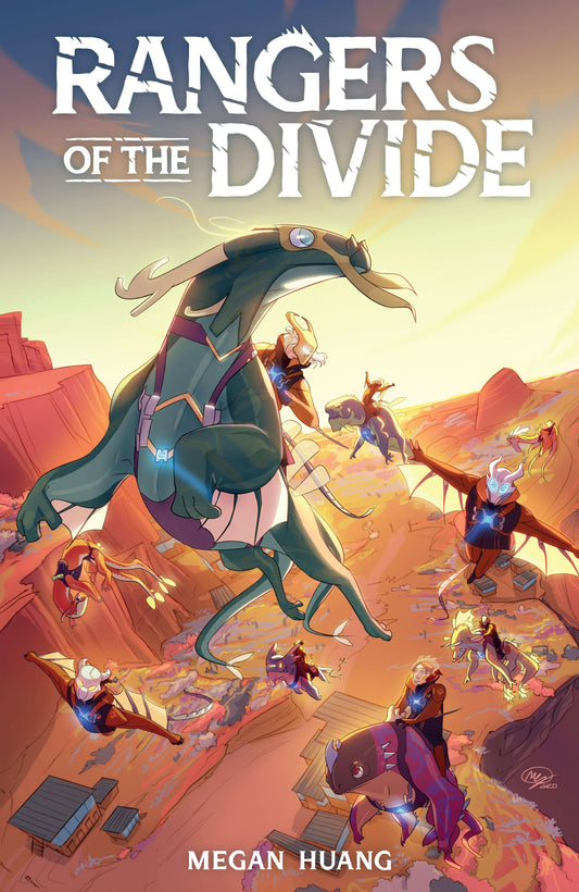 Cover of the graphic novel 'Rangers of the Divide' featuring illustrated characters and dragons against a desert-like backdrop.