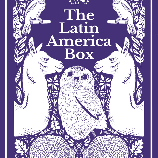 The image features the cover of "The Latin America Box," a book box curated by Amplify Bookstore that includes a collection of three books by BIPOC authors from Latin America.