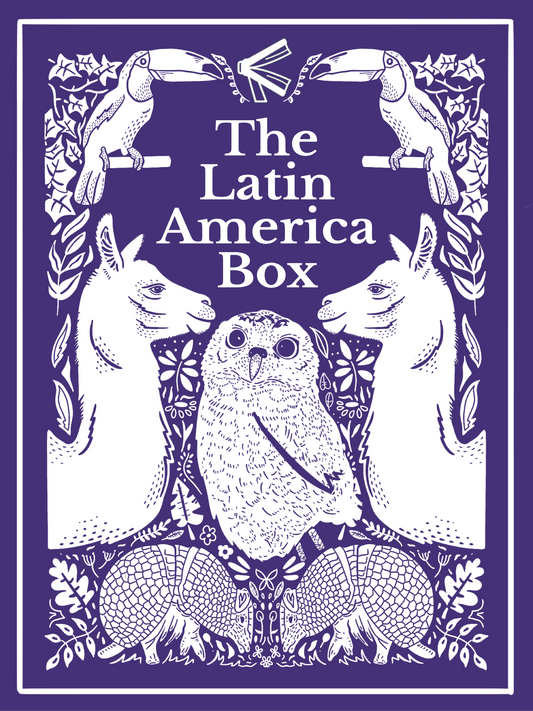 The image features the cover of "The Latin America Box," a book box curated by Amplify Bookstore that includes a collection of three books by BIPOC authors from Latin America.