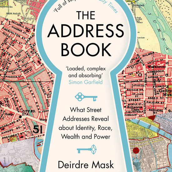 The cover of 'The Address Book' by Deirdre Mask, featuring a map background with a key icon
