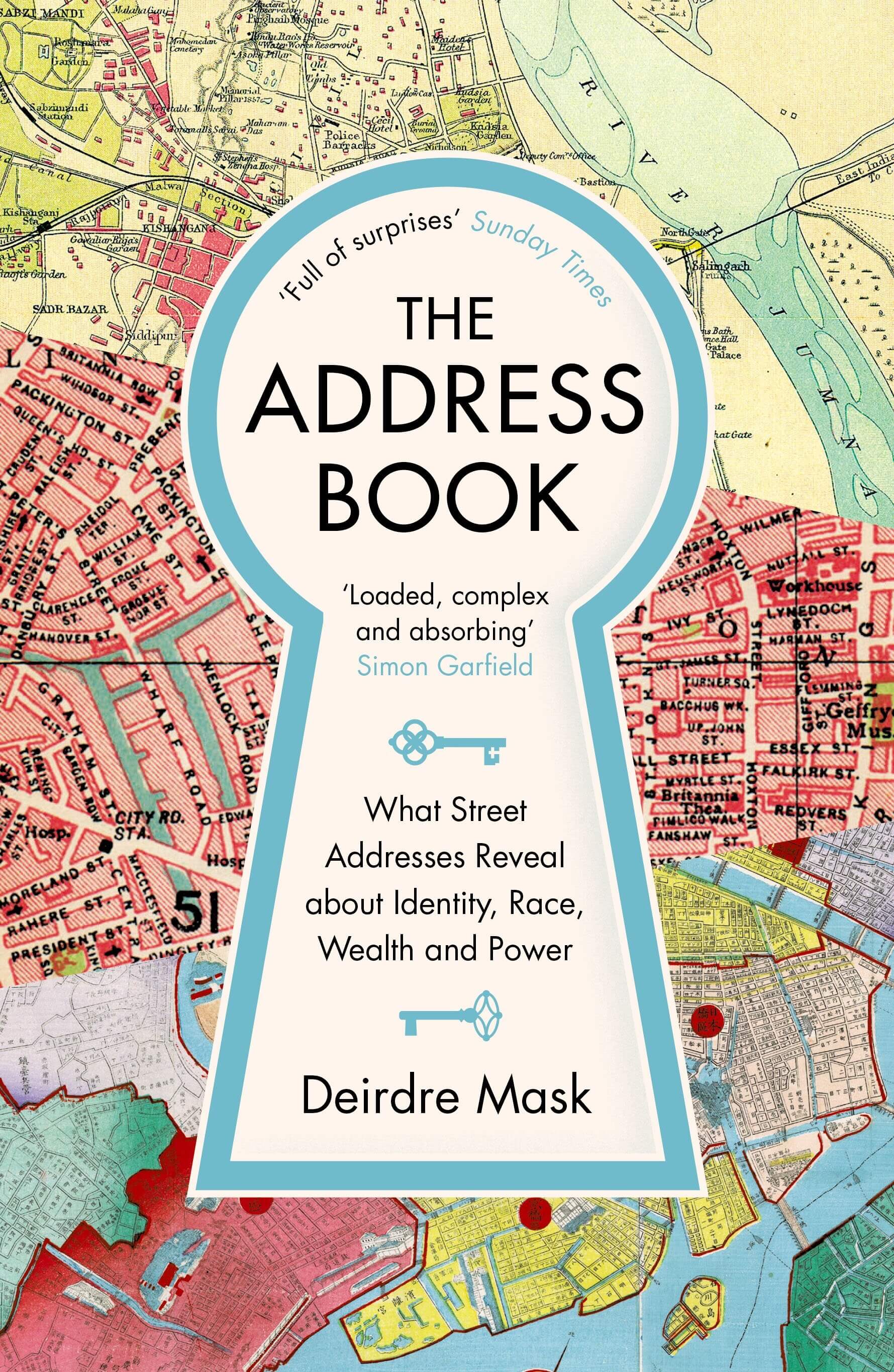 The cover of 'The Address Book' by Deirdre Mask, featuring a map background with a key icon