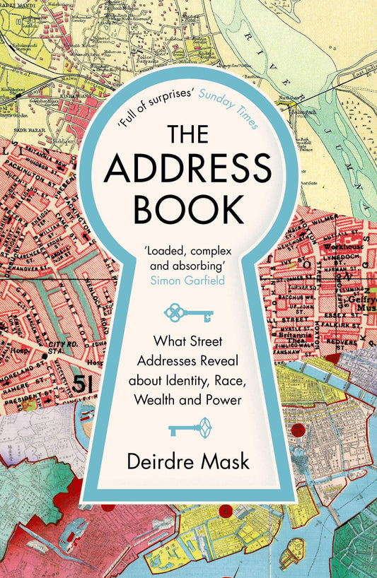 The cover of 'The Address Book' by Deirdre Mask, featuring a map background with a key icon