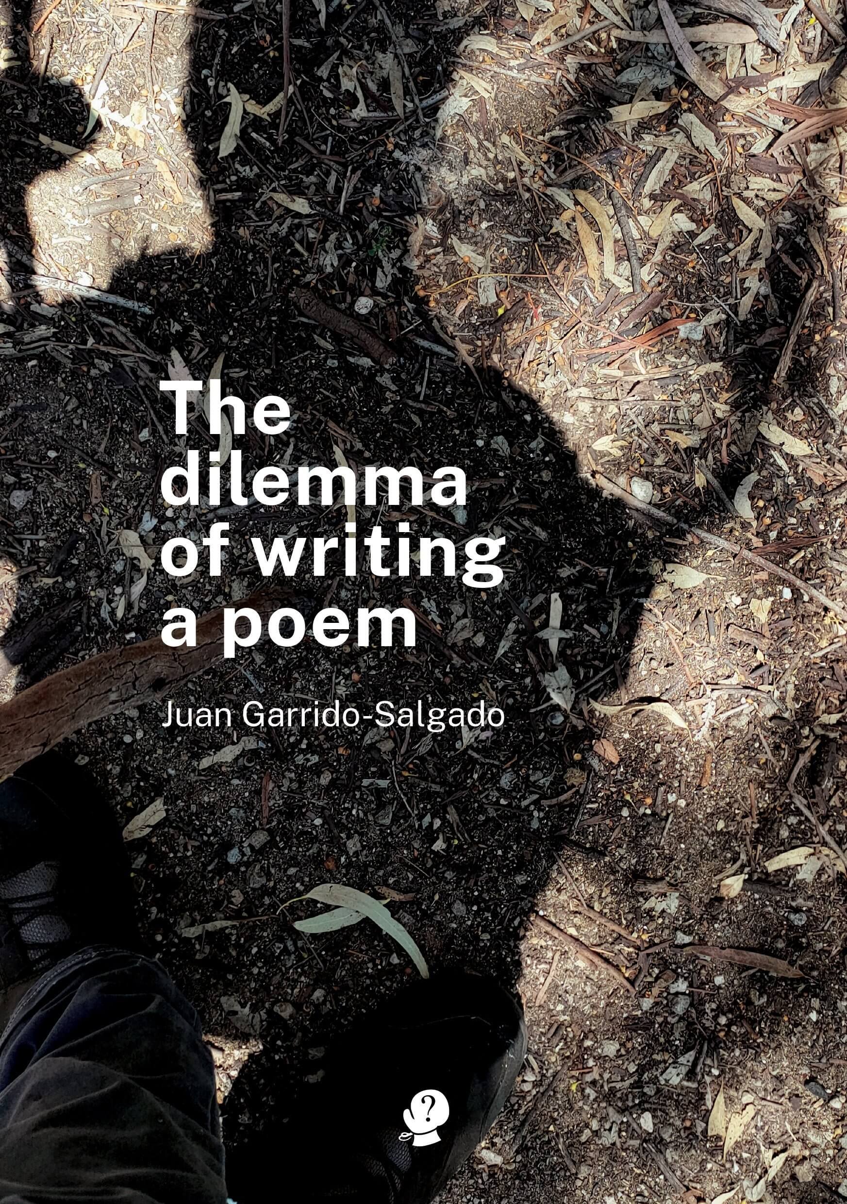The image shows a close-up of a person's shadow on the ground with the title 'The Dilemma of Writing a Poem' and the author's name 'Juan Garrido Salgado' overlaid on top.