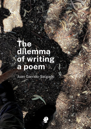 The image shows a close-up of a person's shadow on the ground with the title 'The Dilemma of Writing a Poem' and the author's name 'Juan Garrido Salgado' overlaid on top.